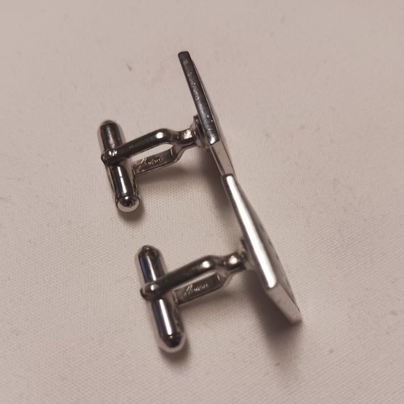 Mens Vintage Anson Cufflinks Silvertone Black Cut Floral Design Pair Cuff Links - Picture 6 of 7